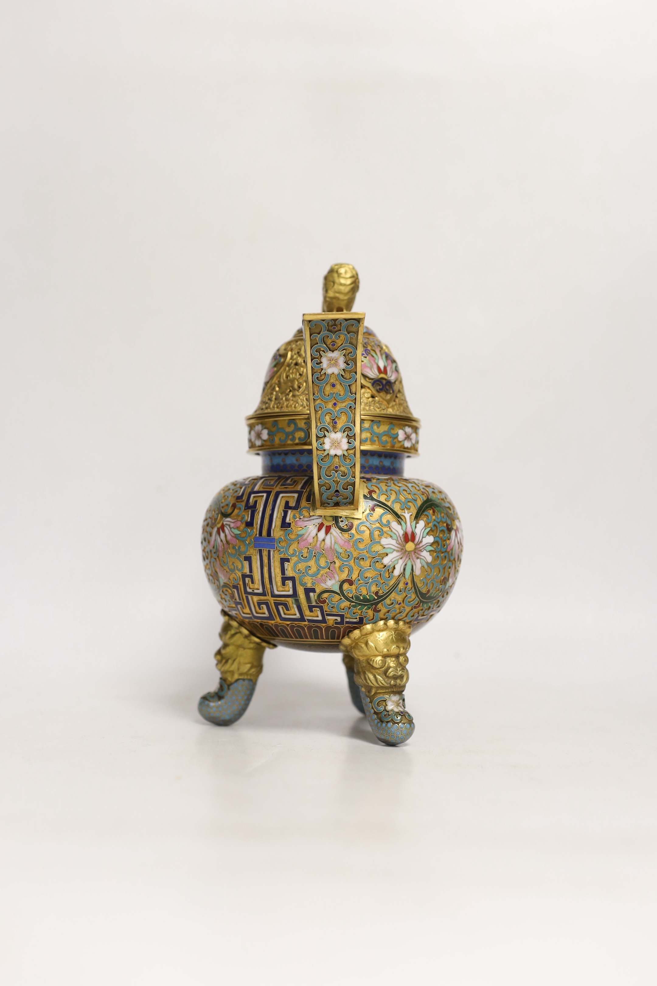 A Chinese cloisonné enamel tripod censer and cover, 22cm high including cover